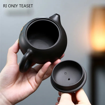 260ml Yixing Purple Clay Teapot Master Handmade Flower Pattern Xishi Tea Pot Raw Ore Black Mud Kettle Chinese Zisha Tea Set Gift