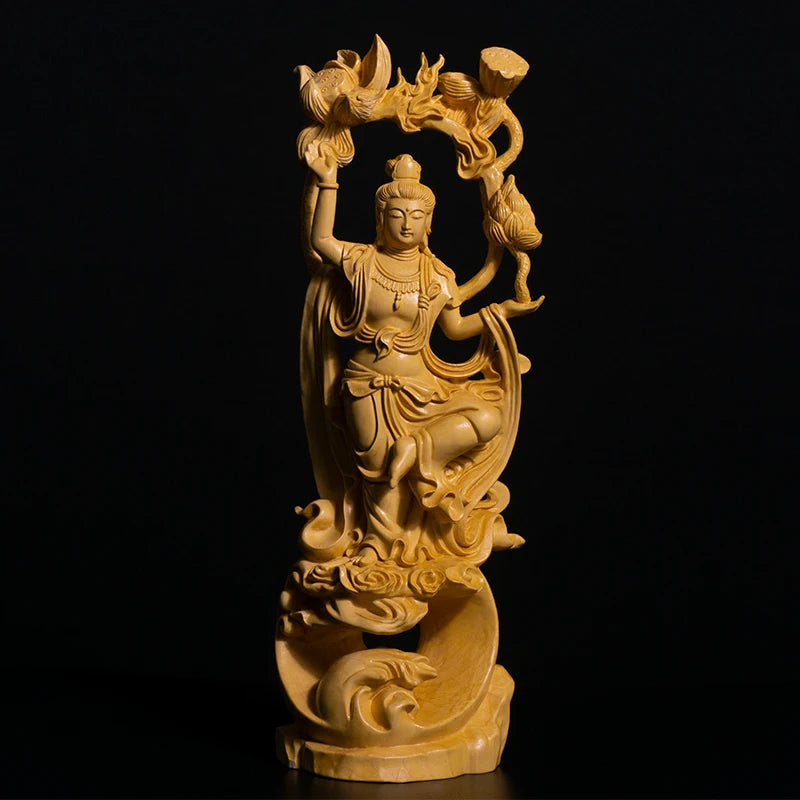 26CM Guanyin Bodhisattva Sculpture Feng Shui Boxwood Buddha Statue Wood Statue Worship Figure Home Decor