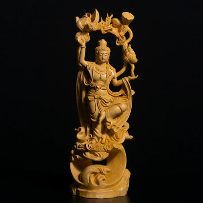 26CM Guanyin Bodhisattva Sculpture Feng Shui Boxwood Buddha Statue Wood Statue Worship Figure Home Decor