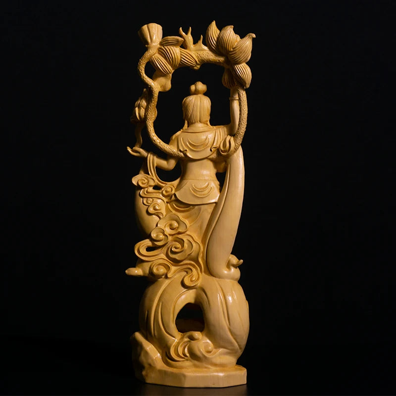 26CM Guanyin Bodhisattva Sculpture Feng Shui Boxwood Buddha Statue Wood Statue Worship Figure Home Decor