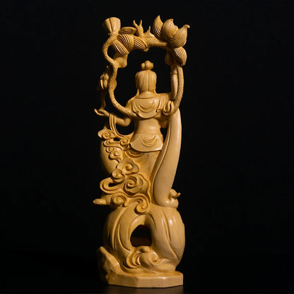 26CM Guanyin Bodhisattva Sculpture Feng Shui Boxwood Buddha Statue Wood Statue Worship Figure Home Decor