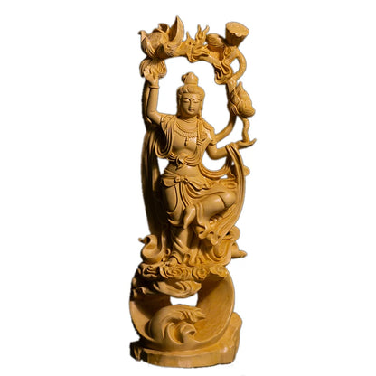 26CM Guanyin Bodhisattva Sculpture Feng Shui Boxwood Buddha Statue Wood Statue Worship Figure Home Decor