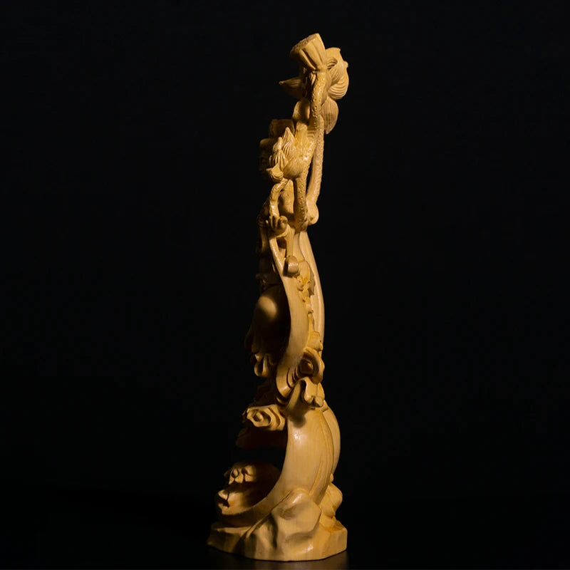 26CM Guanyin Bodhisattva Sculpture Feng Shui Boxwood Buddha Statue Wood Statue Worship Figure Home Decor