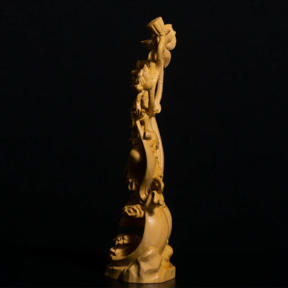 26CM Guanyin Bodhisattva Sculpture Feng Shui Boxwood Buddha Statue Wood Statue Worship Figure Home Decor