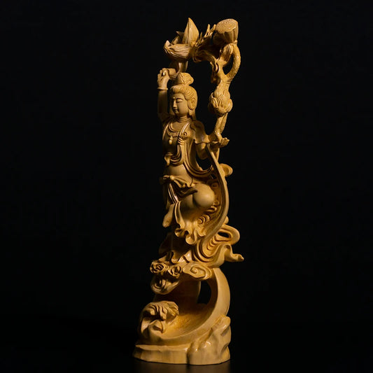 26CM Guanyin Bodhisattva Sculpture Feng Shui Boxwood Buddha Statue Wood Statue Worship Figure Home Decor