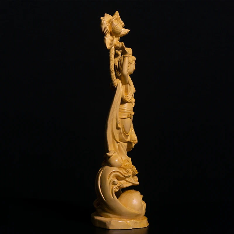 26CM Guanyin Bodhisattva Sculpture Feng Shui Boxwood Buddha Statue Wood Statue Worship Figure Home Decor