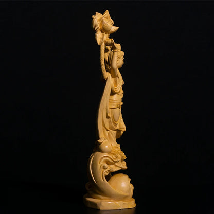 26CM Guanyin Bodhisattva Sculpture Feng Shui Boxwood Buddha Statue Wood Statue Worship Figure Home Decor
