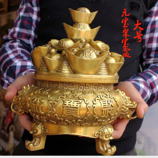 26CM large -home office efficacious Mascot bring wealth fortune FENG SHUI cornucopia treasure bowl brass statue Sculpture