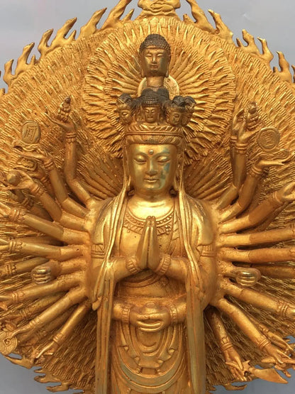 27"Tibet Temple Collection Old Bronze Gilt 1000-arm Guanyin Bodhisattva Backlit Station Buddha Worship Hall Town house