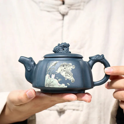 270ml Yixing Master Purple Clay Teapots Handmade Fish Pattern Tea Pot Raw Ore Azure Mud Kettle Chinese Zisha Tea Set Customized