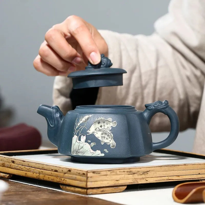 270ml Yixing Master Purple Clay Teapots Handmade Fish Pattern Tea Pot Raw Ore Azure Mud Kettle Chinese Zisha Tea Set Customized