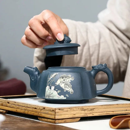 270ml Yixing Master Purple Clay Teapots Handmade Fish Pattern Tea Pot Raw Ore Azure Mud Kettle Chinese Zisha Tea Set Customized