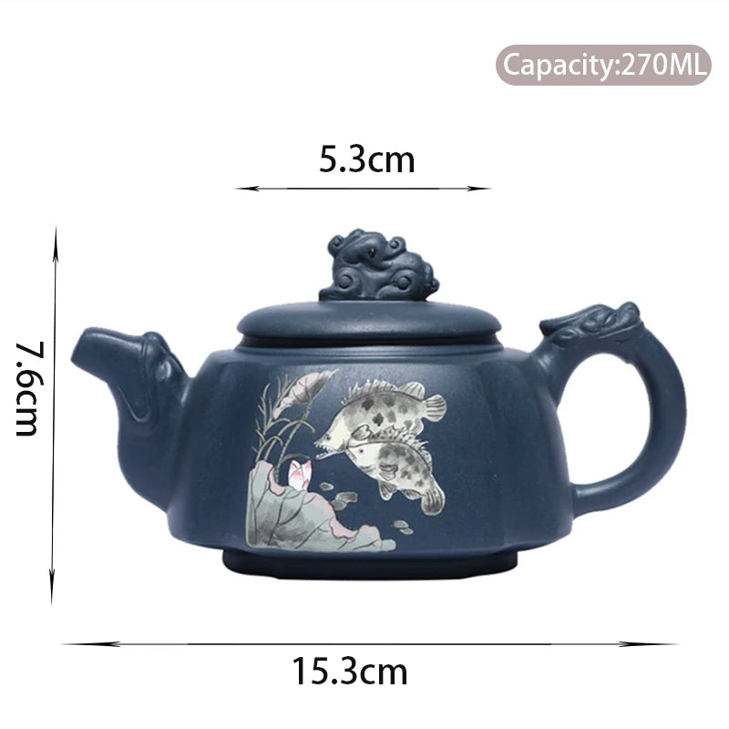 270ml Yixing Master Purple Clay Teapots Handmade Fish Pattern Tea Pot Raw Ore Azure Mud Kettle Chinese Zisha Tea Set Customized
