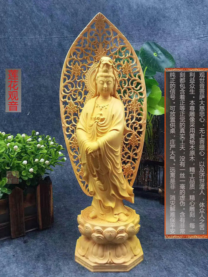 27CM Large --HOME family protection # TOP Handmade Yellow Boxwood carving Lotus Guanyin GOOD Buddha statue art Ornament