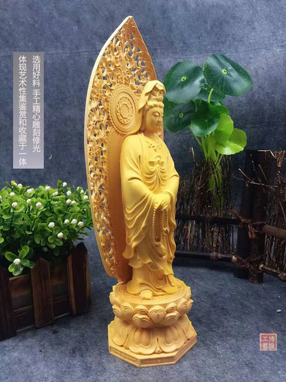 27CM Large --HOME family protection # TOP Handmade Yellow Boxwood carving Lotus Guanyin GOOD Buddha statue art Ornament