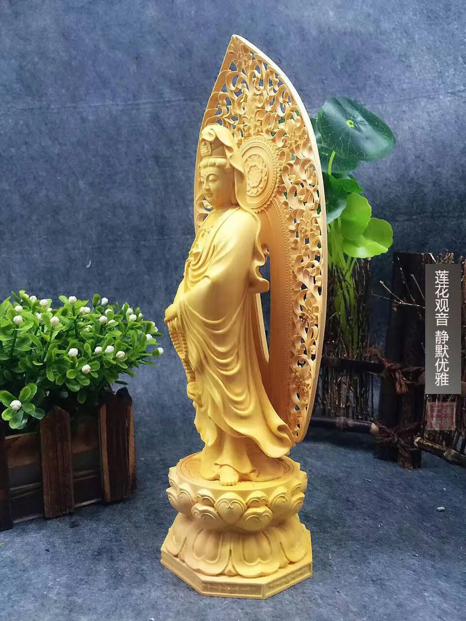 27CM Large --HOME family protection # TOP Handmade Yellow Boxwood carving Lotus Guanyin GOOD Buddha statue art Ornament