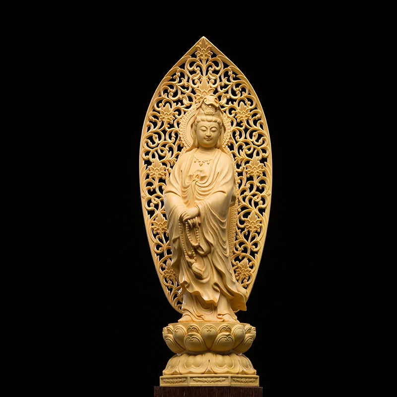 27cm Japan Guan Yin Buddha Statue Carving Buddha God Woodcraft Feng Shui Decoration Wood Home Decoration