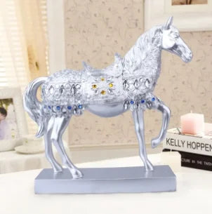 28.8CM(11.3") RESIN GOLDEN SILVERY TROTTING HORSE STATUE DECORATION ANIMAL SCULPTURE HORSE FIGURINE MINIATURE HOME OFFICE
