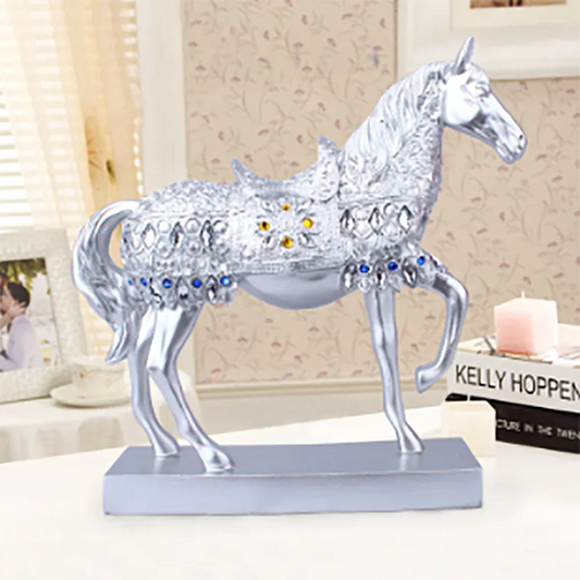 28.8CM(11.3") RESIN GOLDEN SILVERY TROTTING HORSE STATUE DECORATION ANIMAL SCULPTURE HORSE FIGURINE MINIATURE HOME OFFICE