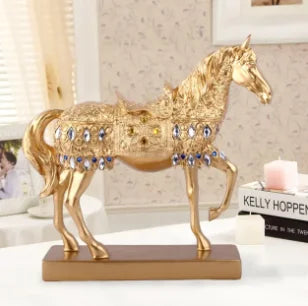 28.8CM(11.3") RESIN GOLDEN SILVERY TROTTING HORSE STATUE DECORATION ANIMAL SCULPTURE HORSE FIGURINE MINIATURE HOME OFFICE