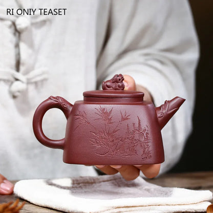 280ml Authentic Yixing Purple Clay Teapot Kettle Famous Artists Handmade Raw Ore Purple Mud Square Tea Pot Chinese Zisha Tea Set
