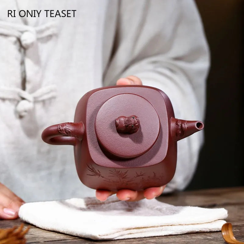 280ml Authentic Yixing Purple Clay Teapot Kettle Famous Artists Handmade Raw Ore Purple Mud Square Tea Pot Chinese Zisha Tea Set