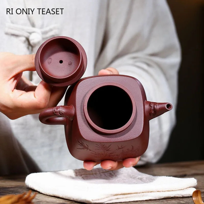 280ml Authentic Yixing Purple Clay Teapot Kettle Famous Artists Handmade Raw Ore Purple Mud Square Tea Pot Chinese Zisha Tea Set