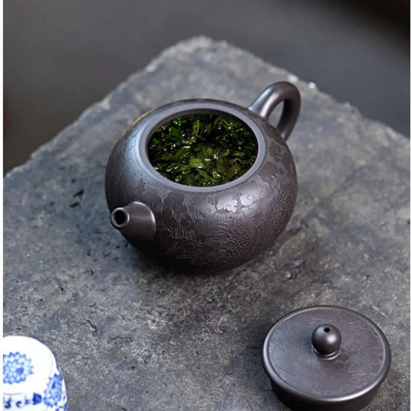 280ml Chinese Yixing High-end Purple Clay Teapots Handmade Dragon Pattern Tea Pot Raw Ore Black Mud Beauty Kettle Zisha Tea Set