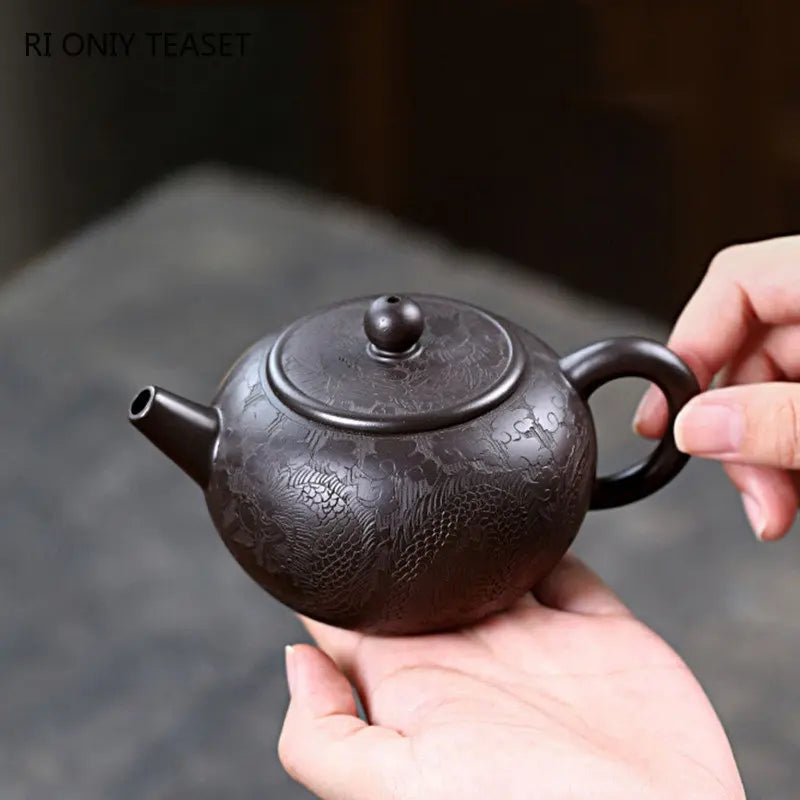 280ml Chinese Yixing High-end Purple Clay Teapots Handmade Dragon Pattern Tea Pot Raw Ore Black Mud Beauty Kettle Zisha Tea Set