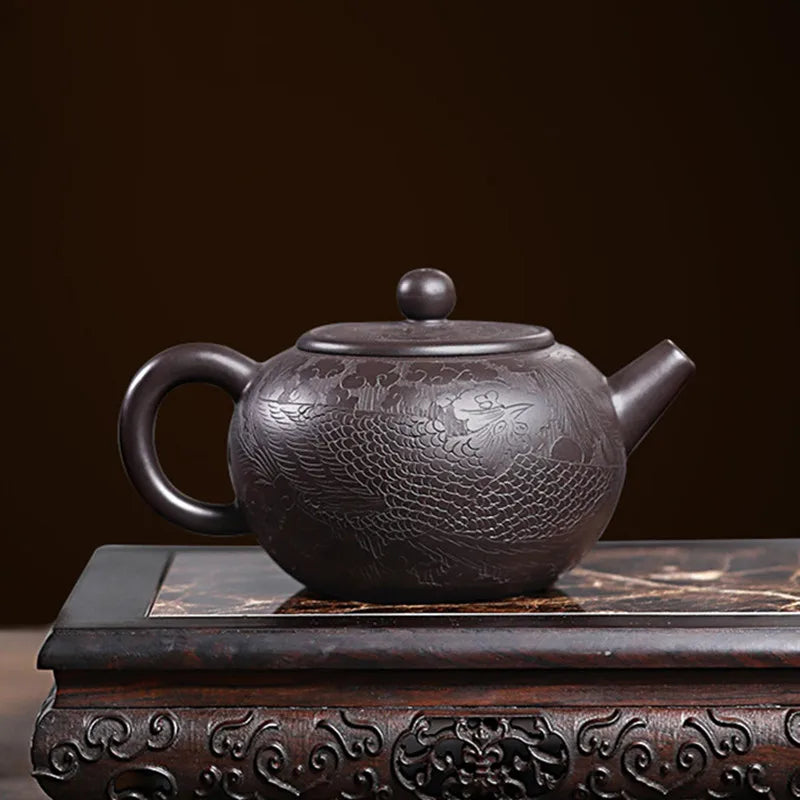 280ml Chinese Yixing High-end Purple Clay Teapots Handmade Dragon Pattern Tea Pot Raw Ore Black Mud Beauty Kettle Zisha Tea Set