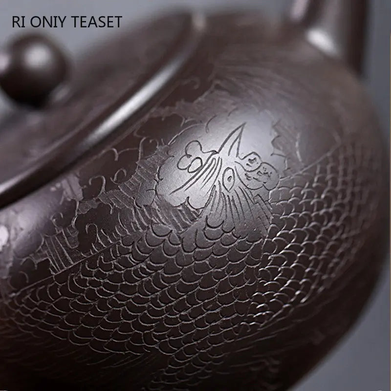 280ml Chinese Yixing High-end Purple Clay Teapots Handmade Dragon Pattern Tea Pot Raw Ore Black Mud Beauty Kettle Zisha Tea Set