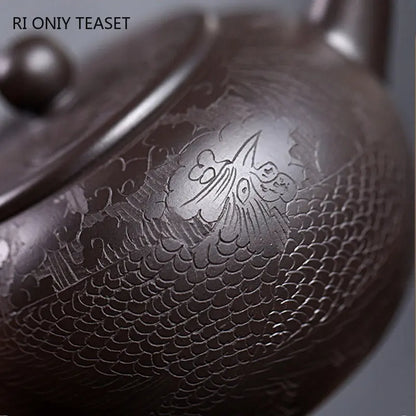 280ml Chinese Yixing High-end Purple Clay Teapots Handmade Dragon Pattern Tea Pot Raw Ore Black Mud Beauty Kettle Zisha Tea Set