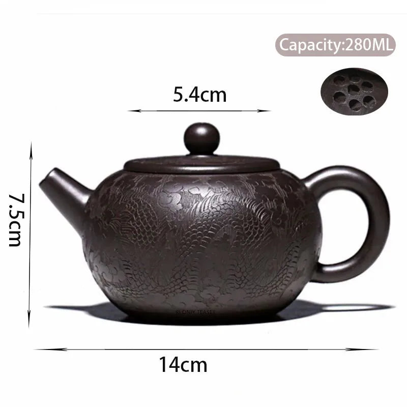 280ml Chinese Yixing High-end Purple Clay Teapots Handmade Dragon Pattern Tea Pot Raw Ore Black Mud Beauty Kettle Zisha Tea Set