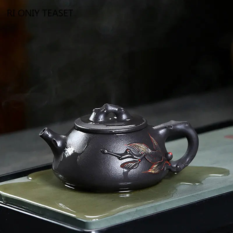 280ml Chinese Yixing High-end Purple Clay Teapots Handmade Stone Scoop Tea Pot Raw Ore Black Mud Kettle Zisha Tea Set Collection