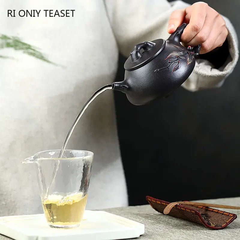 280ml Chinese Yixing High-end Purple Clay Teapots Handmade Stone Scoop Tea Pot Raw Ore Black Mud Kettle Zisha Tea Set Collection