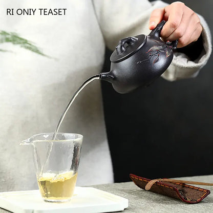 280ml Chinese Yixing High-end Purple Clay Teapots Handmade Stone Scoop Tea Pot Raw Ore Black Mud Kettle Zisha Tea Set Collection