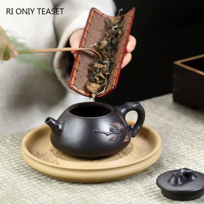 280ml Chinese Yixing High-end Purple Clay Teapots Handmade Stone Scoop Tea Pot Raw Ore Black Mud Kettle Zisha Tea Set Collection