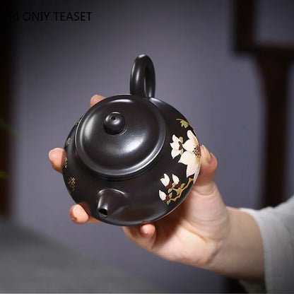 280ml Chinese Yixing Purple Clay Teapots Famous Artists Handmade Flower Pattern Tea Pot Raw Ore Black Mud Kettle Zisha Tea Set