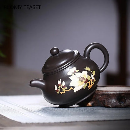 280ml Chinese Yixing Purple Clay Teapots Famous Artists Handmade Flower Pattern Tea Pot Raw Ore Black Mud Kettle Zisha Tea Set