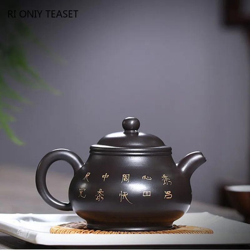280ml Chinese Yixing Purple Clay Teapots Famous Artists Handmade Flower Pattern Tea Pot Raw Ore Black Mud Kettle Zisha Tea Set