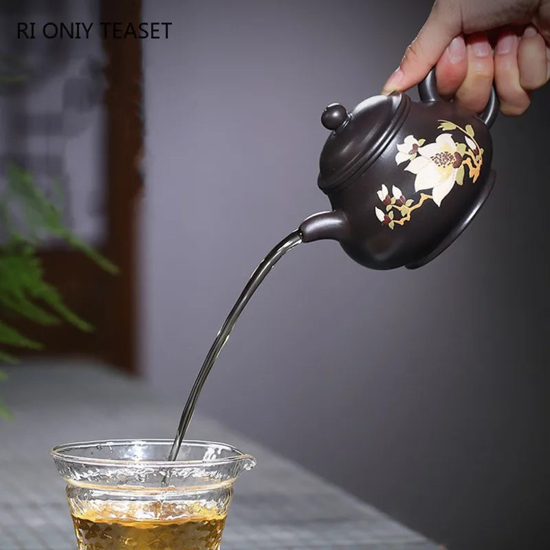 280ml Chinese Yixing Purple Clay Teapots Famous Artists Handmade Flower Pattern Tea Pot Raw Ore Black Mud Kettle Zisha Tea Set