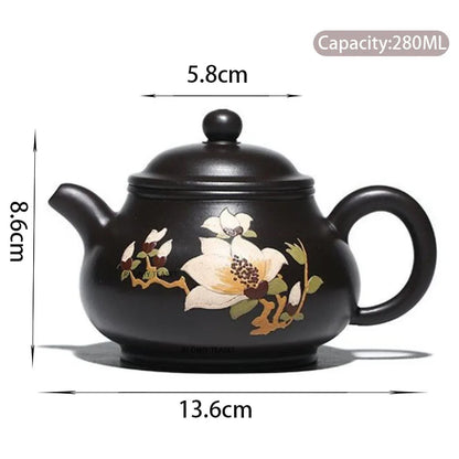 280ml Chinese Yixing Purple Clay Teapots Famous Artists Handmade Flower Pattern Tea Pot Raw Ore Black Mud Kettle Zisha Tea Set