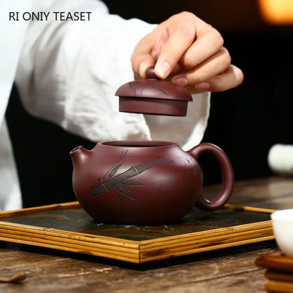 280ml Chinese Yixing Purple Clay Teapots Raw Ore Zhu Mud Famous Tea Pot Handmade Bamboo Leaf Kettle Authentic Zisha Tea Set