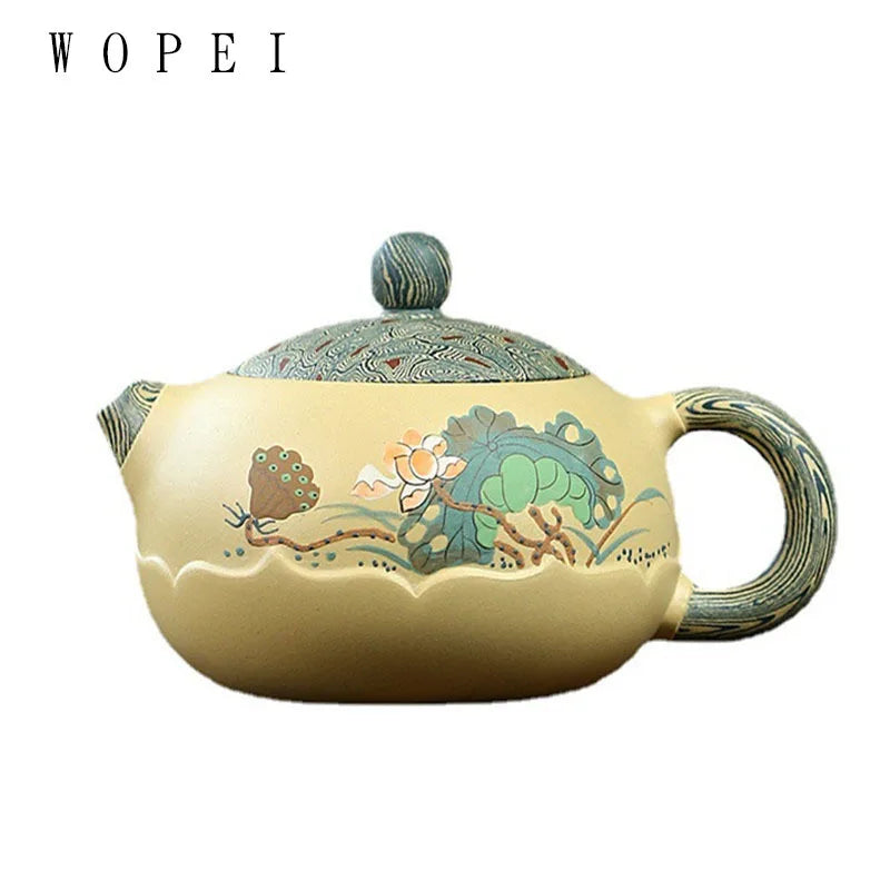 280ml Yixing High-end Purple Clay Xishi Teapot Master Handmade Mud Painted Lotus Tea Pot Kettle Chinese Zisha Tea Set Collection