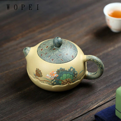 280ml Yixing High-end Purple Clay Xishi Teapot Master Handmade Mud Painted Lotus Tea Pot Kettle Chinese Zisha Tea Set Collection