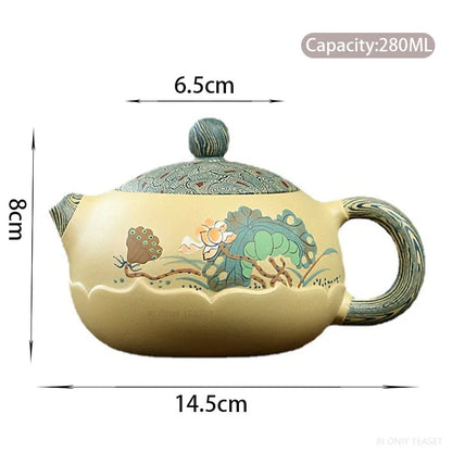 280ml Yixing High-end Purple Clay Xishi Teapot Master Handmade Mud Painted Lotus Tea Pot Kettle Chinese Zisha Tea Set Collection