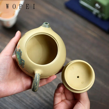 280ml Yixing High-end Purple Clay Xishi Teapot Master Handmade Mud Painted Lotus Tea Pot Kettle Chinese Zisha Tea Set Collection