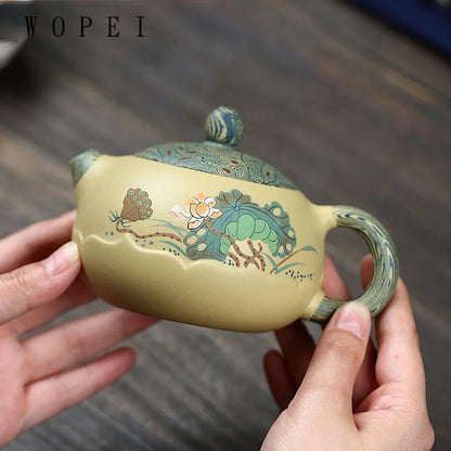 280ml Yixing High-end Purple Clay Xishi Teapot Master Handmade Mud Painted Lotus Tea Pot Kettle Chinese Zisha Tea Set Collection