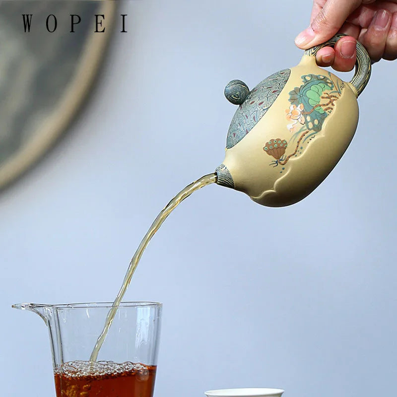 280ml Yixing High-end Purple Clay Xishi Teapot Master Handmade Mud Painted Lotus Tea Pot Kettle Chinese Zisha Tea Set Collection