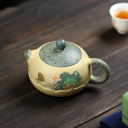 280ml Yixing High-end Purple Clay Xishi Teapot Master Handmade Mud Painted Lotus Tea Pot Kettle Chinese Zisha Tea Set Collection